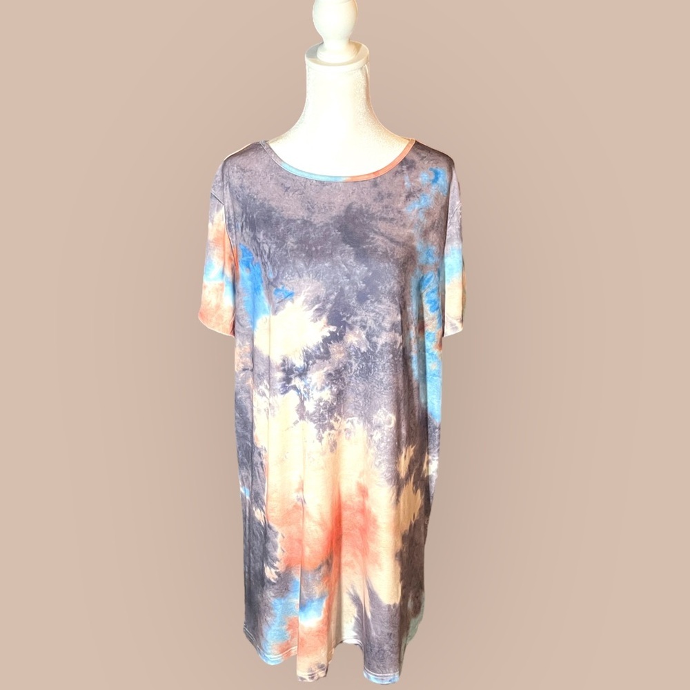 Plus Size Tie Dye Print Tee Dress Above Knee Short Sleeve Crew Neck Dress Womens